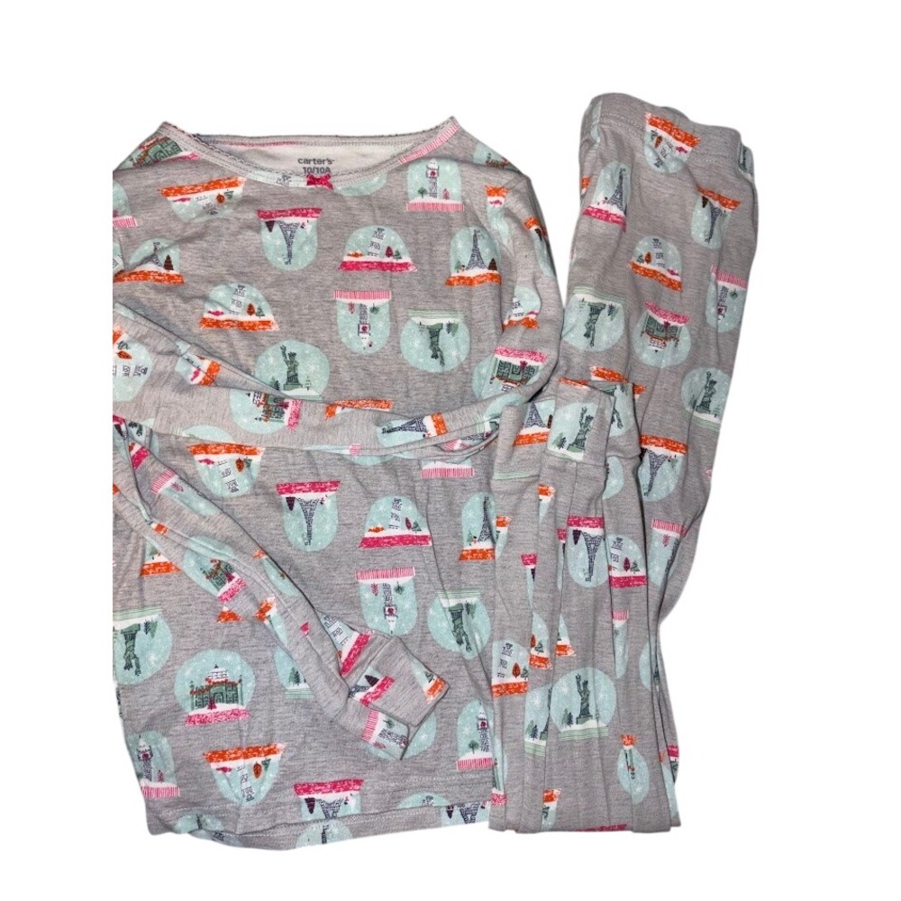 Carters Girls Pajama Set Size 10 Gray Snow Globe World Landmark Print 2 Piece
